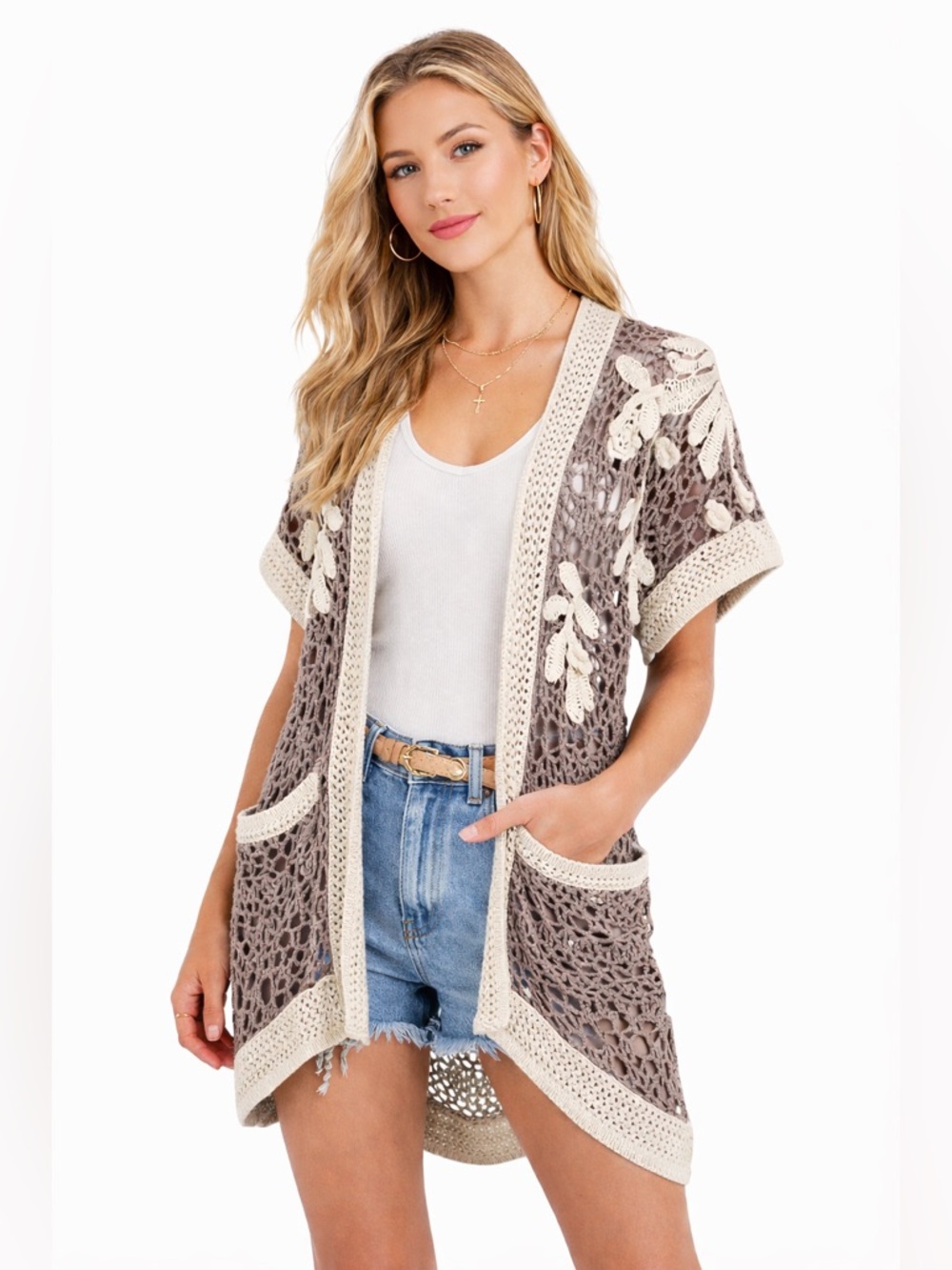 Anthropologie Angel of the North Crochet Open Knit Cardigan Boho Beige M